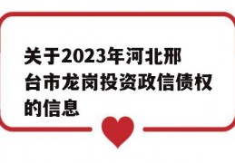 关于2023年河北邢台市龙岗投资政信债权的信息