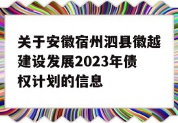 关于安徽宿州泗县徽越建设发展2023年债权计划的信息