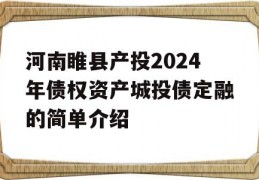 河南睢县产投2024年债权资产城投债定融的简单介绍