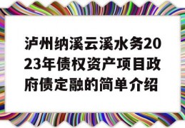 泸州纳溪云溪水务2023年债权资产项目政府债定融的简单介绍