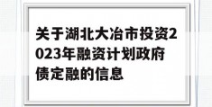 关于湖北大冶市投资2023年融资计划政府债定融的信息