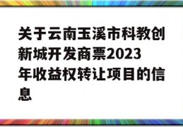 关于云南玉溪市科教创新城开发商票2023年收益权转让项目的信息