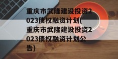 重庆市武隆建设投资2023债权融资计划(重庆市武隆建设投资2023债权融资计划公告)