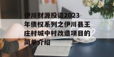 伊川财源投资2023年债权系列之伊川县王庄村城中村改造项目的简单介绍