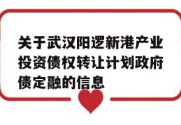 关于武汉阳逻新港产业投资债权转让计划政府债定融的信息