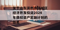 关于山东滨州市滨城区经济开发投资2024年债权资产定融计划的信息