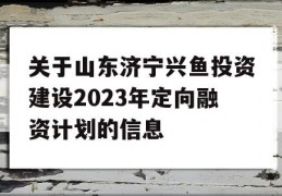 关于山东济宁兴鱼投资建设2023年定向融资计划的信息