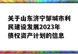 关于山东济宁邹城市利民建设发展2023年债权资产计划的信息