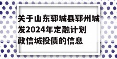 关于山东郓城县郓州城发2024年定融计划政信城投债的信息