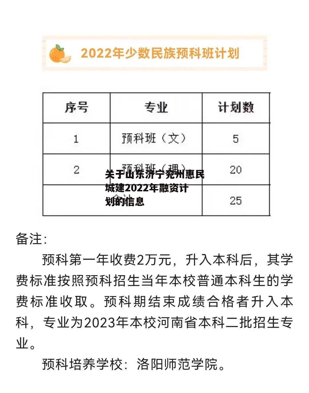 关于山东济宁兖州惠民城建2022年融资计划的信息