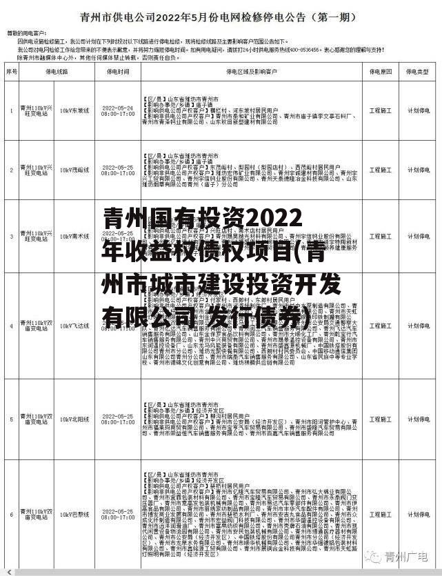 青州国有投资2022年收益权债权项目(青州市城市建设投资开发有限公司 发行债券)