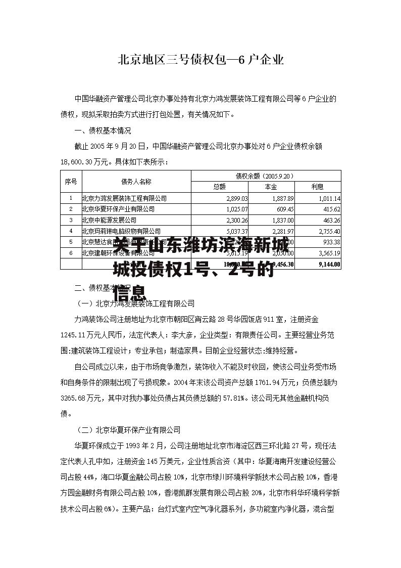 关于山东潍坊滨海新城城投债权1号、2号的信息