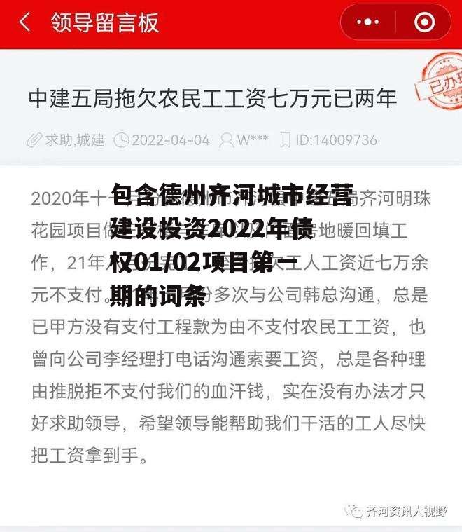 包含德州齐河城市经营建设投资2022年债权01/02项目第一期的词条