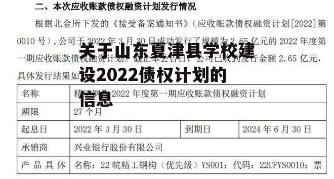 关于山东夏津县学校建设2022债权计划的信息