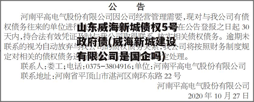 山东威海新城债权5号政府债(威海新城建设有限公司是国企吗)