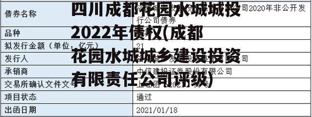 四川成都花园水城城投2022年债权(成都花园水城城乡建设投资有限责任公司评级)