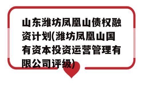 山东潍坊凤凰山债权融资计划(潍坊凤凰山国有资本投资运营管理有限公司评级)