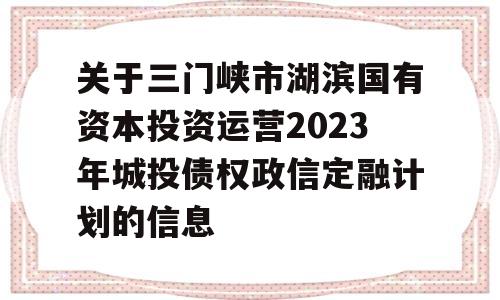 关于三门峡市湖滨国有资本投资运营2023年城投债权政信定融计划的信息