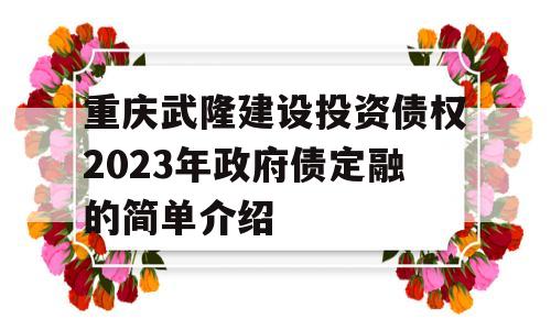 重庆武隆建设投资债权2023年政府债定融的简单介绍