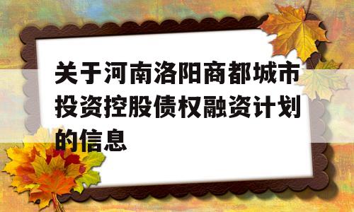 关于河南洛阳商都城市投资控股债权融资计划的信息