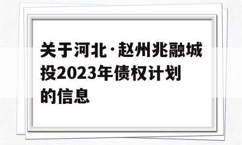 关于河北·赵州兆融城投2023年债权计划的信息