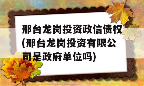 邢台龙岗投资政信债权(邢台龙岗投资有限公司是政府单位吗)