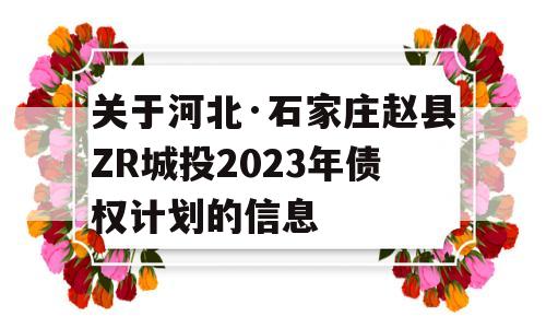 关于河北·石家庄赵县ZR城投2023年债权计划的信息