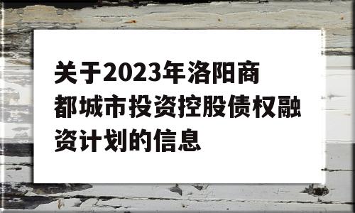 关于2023年洛阳商都城市投资控股债权融资计划的信息