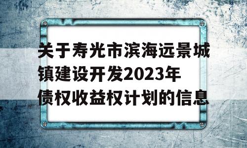 关于寿光市滨海远景城镇建设开发2023年债权收益权计划的信息