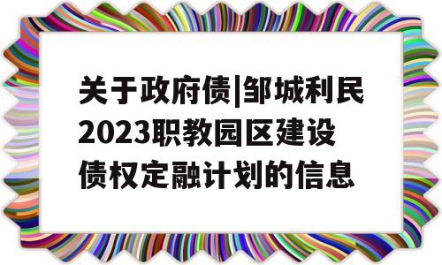 关于政府债|邹城利民2023职教园区建设债权定融计划的信息