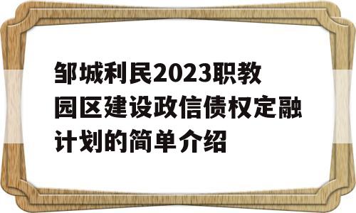 邹城利民2023职教园区建设政信债权定融计划的简单介绍