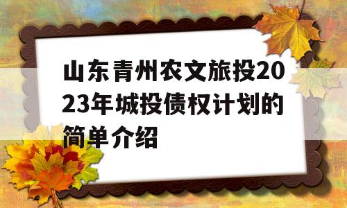 山东青州农文旅投2023年城投债权计划的简单介绍