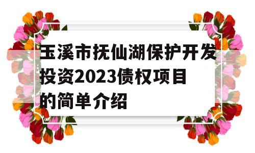 玉溪市抚仙湖保护开发投资2023债权项目的简单介绍