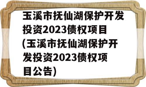 玉溪市抚仙湖保护开发投资2023债权项目(玉溪市抚仙湖保护开发投资2023债权项目公告)