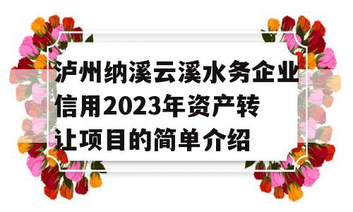 泸州纳溪云溪水务企业信用2023年资产转让项目的简单介绍