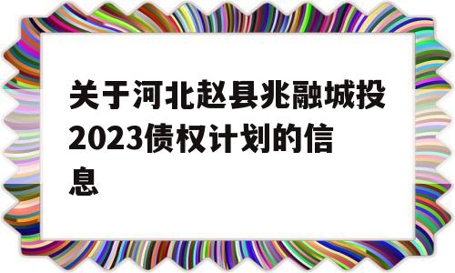 关于河北赵县兆融城投2023债权计划的信息