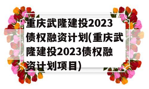 重庆武隆建投2023债权融资计划(重庆武隆建投2023债权融资计划项目)