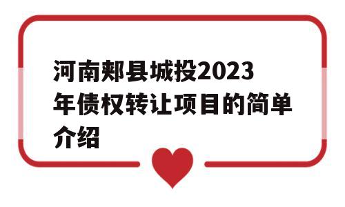 河南郏县城投2023年债权转让项目的简单介绍