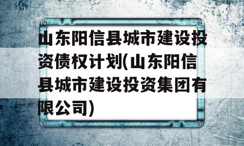 山东阳信县城市建设投资债权计划(山东阳信县城市建设投资集团有限公司)