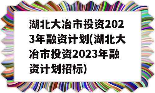 湖北大冶市投资2023年融资计划(湖北大冶市投资2023年融资计划招标)