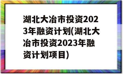 湖北大冶市投资2023年融资计划(湖北大冶市投资2023年融资计划项目)