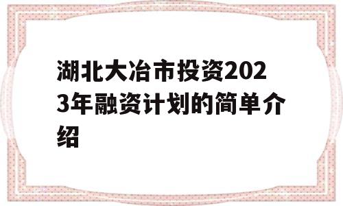 湖北大冶市投资2023年融资计划的简单介绍