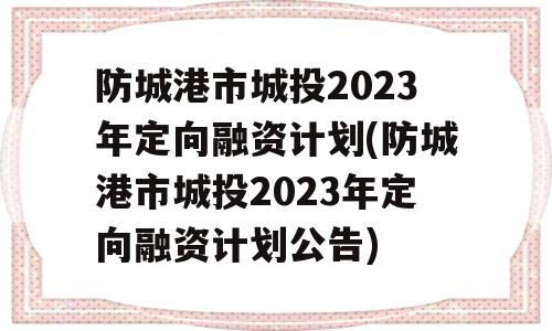 防城港市城投2023年定向融资计划(防城港市城投2023年定向融资计划公告)