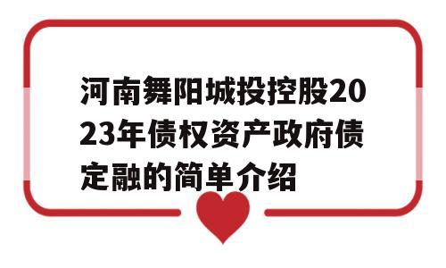 河南舞阳城投控股2023年债权资产政府债定融的简单介绍