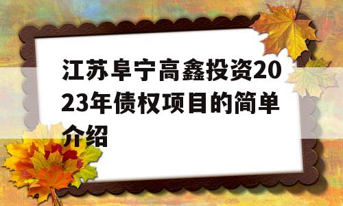 江苏阜宁高鑫投资2023年债权项目的简单介绍