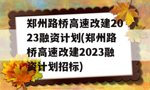 郑州路桥高速改建2023融资计划(郑州路桥高速改建2023融资计划招标)