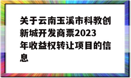 关于云南玉溪市科教创新城开发商票2023年收益权转让项目的信息