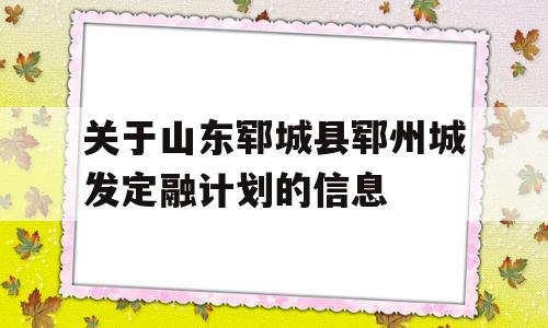 关于山东郓城县郓州城发定融计划的信息