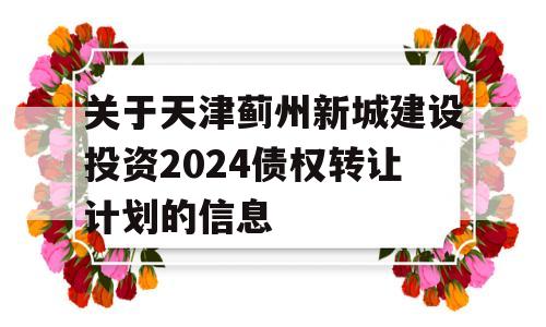 关于天津蓟州新城建设投资2024债权转让计划的信息