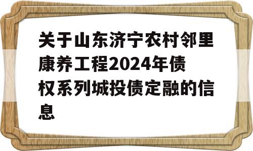 关于山东济宁农村邻里康养工程2024年债权系列城投债定融的信息